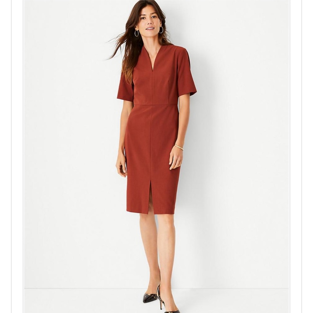 **SOLD** ANN TAYLOR Elbow Sleeve V-neck Dress In Bi-stretch In Elegant Rust